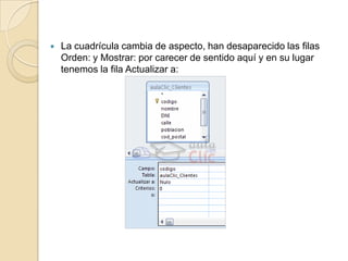 De actualizaciónSon consultas que permiten modificar los datos almacenados en una tabla.Modifican el contenido de los registros de una tabla.