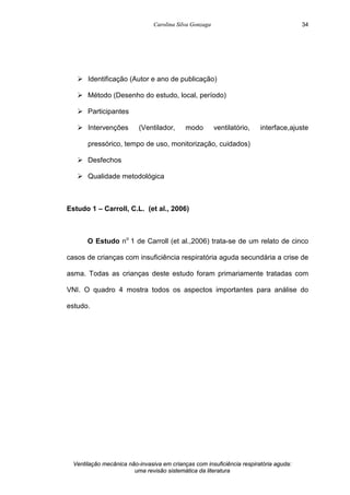 Carolina Silva Gonzaga
Ventilação mecânica não-invasiva em crianças com insuficiência respiratória aguda:
uma revisão sistemática da literatura
34
Ø Identificação (Autor e ano de publicação)
Ø Método (Desenho do estudo, local, período)
Ø Participantes
Ø Intervenções (Ventilador, modo ventilatório, interface,ajuste
pressórico, tempo de uso, monitorização, cuidados)
Ø Desfechos
Ø Qualidade metodológica
Estudo 1 – Carroll, C.L. (et al., 2006)
O Estudo no
1 de Carroll (et al.,2006) trata-se de um relato de cinco
casos de crianças com insuficiência respiratória aguda secundária a crise de
asma. Todas as crianças deste estudo foram primariamente tratadas com
VNI. O quadro 4 mostra todos os aspectos importantes para análise do
estudo.
 