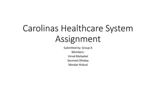 Carolinas Healthcare System
Assignment
Submitted by: Group A
Members:
Vinod Maliyekal
Sanmeet Dhokay
Mandar Risbud
 