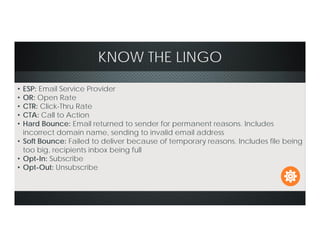 KNOW THE LINGO
• ESP: Email Service Provider
• OR: Open Rate
• CTR: Click-Thru Rate
• CTA: Call to Action
• Hard Bounce: Email returned to sender for permanent reasons. Includes
incorrect domain name, sending to invalid email address
• Soft Bounce: Failed to deliver because of temporary reasons. Includes file being
too big, recipients inbox being full
• Opt-In: Subscribe
• Opt-Out: Unsubscribe
 