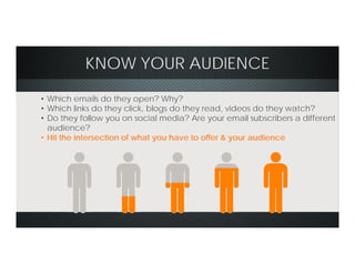 KNOW YOUR AUDIENCE
• Which emails do they open? Why?
• Which links do they click, blogs do they read, videos do they watch?
• Do they follow you on social media? Are your email subscribers a different
audience?
• Hit the intersection of what you have to offer & your audience
 