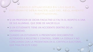 CASOS O SITUACIONES EN LOS QUE EL 
ESTUDIANTE DEBA HACER USO DEL REGLAMENTO 
INSTITUCIONAL. 
• SI UN PROFESOR DE DICHA FACULTAD LE FALTA EL RESPETO A UNA 
DE SUS ALUMNAS. QUE DEBE DE HACER ELLA 
• SI UN ESTUDIANTE TIENE UN ACCIDENTE DENTRO DE LA 
UNIVERSIDAD. 
• CUANDO UN ESTUDIANTE A PRESENTADO DOCUMENTOS 
ALTERADOS A REGISTRO Y CONTROL, SOBRE LA CEDULA Y NO 
CONCUERDA CON LA PRESENTADA EN EL CERTIFICA ELECTORAL. 
QUE PASA EN ESTE CASO 
 