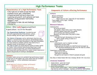 High Performance Teams
Characteristics of a High Performance Team                                Components of Culture affecting Performance
 Ø The right mix of skills across the team
 Ø Common focus, goal, commitment                                      Artifacts
 Ø Aligned personal and work objectives                                   Mission statements
      .
 Ø Learning and growth, both personal and team                            Explicit objectives
 Ø Bonding, strong personal relationship                                          Objectives are clear, especially for new members
 Ø Respect, trust                                                         Team badges, shirts, logos - bonding
                                                                           Layout of space
 Ø Willingness to take risk and challenge
 Ø Having fun                                                          Behavioural Indicators
Culture – What really happens around here!                              Communication
                                                                              All voices are heard
A good culture – is a fit for the work                                         One speaks, others listen, even if they disagree
                                                                               Members speak freely about the agenda
 The Organizational Equilibrium: A productive and                             Act to surface and resolve problems
 efficient organization has three factors, culture,                           Members tell others what they need to know
 decision-making, and the type of work balanced.                        Decision making
                                                                               Valid and the best information is in the room
 The Control of Decisions can be centralized, directive, and                      --With a leader willing to listen to it
 legalistic or decentralized, participative, and knowledge-based.              Decide and Act
 Culture can have low need involvement or high need involvement;        Mutual trust
 be ritual centred or problem centred; have restrictive or                     Commitments, overt or implied, are kept
 expansive norms; be mechanistic or organic.                                   Dependence on each other
 The Type of work can involve physical capital or human capital;               Unique personal strengths are identified and leveraged, by
 be thing or think oriented; have process objectives or have                      the individuals themselves as well as by the team as a whole.
 project or creative objectives; can involve standardized or                            http://www.strengthsfinder.com
 specialized skills and have plentiful or easily trained resources or   Commitment to each other
 require long periods of training or development.                              Resources are shared
                                                                               Team work is rewarded
                                                                               Recognition and reward is linked to purpose and goals
Summary
As leaders, what can we do to establish high performance teams?
                                                                        Kiss, Bow or Shake Hands: Morrison, Conaway, Border 1994, Adams Media
A major part of the answer lies in the culture that we as leaders
create around us -- either established consciously or
                                                                        Unconscious Assumptions
inadvertently.
                                                                         Human nature - good, bad, mixed
Use all aspects of culture to manage performance                         Individual versus common good
        ü  Establish artefacts                                          Uncertainty avoidance
        ü  Model, monitor and modify behaviours                         Privacy versus common space --where business is conducted        Caroline Crowe
        ü  Investigate assumptions –when in doubt, ask                  High and low context messages --business contracts or relationships
                                                                         Geert	
  Hofstede™	
  Cultural	
  Dimensions	
  :	
  h6p://www.geert-­‐hofstede.com	
  
 