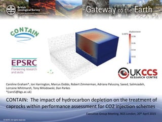 © NERC All rights reserved
CONTAIN: The impact of hydrocarbon depletion on the treatment of
caprocks within performance assessment for CO2 injection schemes
Executive Group Meeting, BGS London, 20th April 2015
Caroline Graham*, Jon Harrington, Marcus Dobbs, Robert Zimmerman, Adriana Paluszny, Saeed, Salimzadeh,
Lorraine Whitmarsh, Tony Milodowski, Dan Parkes
*(caro5@bgs.ac.uk)
 