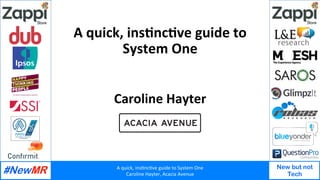 A	quick,	ins+nc+ve	guide	to	System	One	
Caroline	Hayter,	Acacia	Avenue	
New but not
Tech
	
	
A	quick,	ins+nc+ve	guide	to	
System	One	
Caroline	Hayter	
	
 