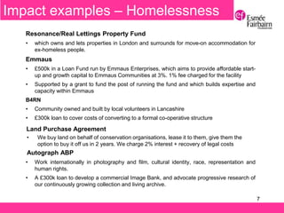7
Resonance/Real Lettings Property Fund
• which owns and lets properties in London and surrounds for move-on accommodation for
ex-homeless people.
Emmaus
• £500k in a Loan Fund run by Emmaus Enterprises, which aims to provide affordable start-
up and growth capital to Emmaus Communities at 3%. 1% fee charged for the facility
• Supported by a grant to fund the post of running the fund and which builds expertise and
capacity within Emmaus
B4RN
• Community owned and built by local volunteers in Lancashire
• £300k loan to cover costs of converting to a formal co-operative structure
Land Purchase Agreement
• We buy land on behalf of conservation organisations, lease it to them, give them the
option to buy it off us in 2 years. We charge 2% interest + recovery of legal costs
Autograph ABP
• Work internationally in photography and film, cultural identity, race, representation and
human rights.
• A £300k loan to develop a commercial Image Bank, and advocate progressive research of
our continuously growing collection and living archive.
Impact examples – Homelessness
 