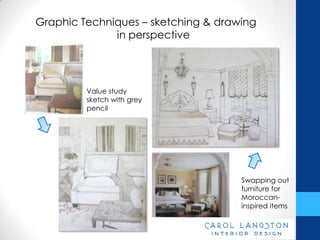 Graphic Techniques – sketching & drawing
              in perspective




         Value study
         sketch with grey
         pencil




                                     Swapping out
                                     furniture for
                                     Moroccan-
                                     inspired items
 
