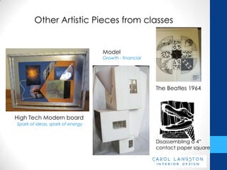 Other Artistic Pieces from classes


                                  Model
                                  Growth - financial




                                                       The Beatles 1964




High Tech Modern board
Spark of ideas, spark of energy



                                                       Disassembling a 4”
                                                       contact paper square
 
