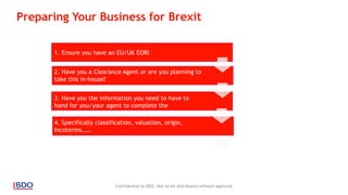 Preparing Your Business for Brexit
Confidential to BDO. Not to be distributed without approval
1. Ensure you have an EU/UK EORI
2. Have you a Clearance Agent or are you planning to
take this in-house?
3. Have you the information you need to have to
hand for you/your agent to complete the
declaration?
4. Specifically classification, valuation, origin,
Incoterms……
How ill you account for and pay customs duties?
 