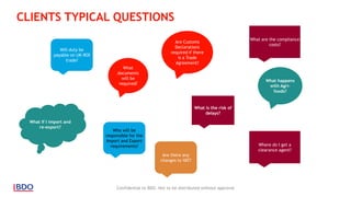 CLIENTS TYPICAL QUESTIONS
Confidential to BDO. Not to be distributed without approval
Will duty be
payable on UK-ROI
trade?
What
documents
will be
required?
What is the risk of
delays?
Are Customs
Declarations
required if there
is a Trade
Agreement?
What are the compliance
costs?
What if I import and
re-export?
Are there any
changes to VAT?
What happens
with Agri-
foods?
Who will be
responsible for the
Import and Export
requirements? Where do I get a
clearance agent?
 