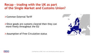 Recap – trading with the UK as part
of the Single Market and Customs Union?
Common External Tariff
Once goods are customs cleared then they can
move freely throughout the EU
Assumption of Free Circulation status
Confidential to BDO. Not to be distributed without approval
 
