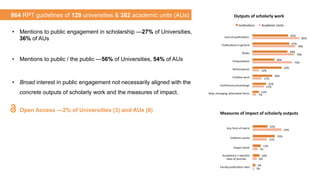 •  Mentions to public engagement in scholarship —27% of Universities,
36% of AUs
•  Mentions to public / the public —56% o...