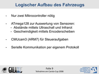 Logischer Aufbau des Fahrzeugs

-   Nur zwei Mikrocontroller nötig

-    ATmega128 zur Auswertung von Sensoren:
    - Abstände mittels Ultraschall und Infrarot
    - Geschwindigkeit mittels Encoderscheiben

-   CMUcam3 (ARM7) für Steueraufgaben

-   Serielle Kommunikation per eigenem Protokoll




                              Folie 9
                    Teilnahme am Carolo‐Cup 2008
 