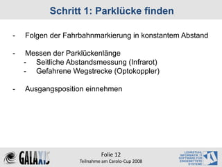 Schritt 1: Parklücke finden

-   Folgen der Fahrbahnmarkierung in konstantem Abstand

-    Messen der Parklückenlänge
    - Seitliche Abstandsmessung (Infrarot)
    - Gefahrene Wegstrecke (Optokoppler)

-   Ausgangsposition einnehmen




                            Folie 12
                   Teilnahme am Carolo‐Cup 2008
 