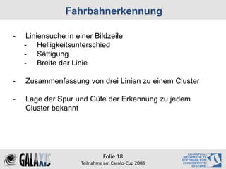 Fahrbahnerkennung

-    Liniensuche in einer Bildzeile
    - Helligkeitsunterschied
    - Sättigung
    - Breite der Linie

-   Zusammenfassung von drei Linien zu einem Cluster

-   Lage der Spur und Güte der Erkennung zu jedem
    Cluster bekannt




                              Folie 18
                     Teilnahme am Carolo‐Cup 2008
 