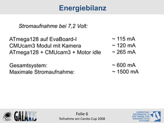 Energiebilanz

   Stromaufnahme bei 7,2 Volt:

ATmega128 auf EvaBoard-I                         ~ 115 mA
CMUcam3 Modul mit Kamera                         ~ 120 mA
ATmega128 + CMUcam3 + Motor idle                 ~ 265 mA

Gesamtsystem:                                    ~ 600 mA
Maximale Stromaufnahme:                          ~ 1500 mA




                            Folie 6
                  Teilnahme am Carolo‐Cup 2008
 