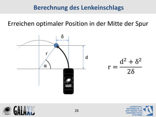 Berechnung des Lenkeinschlags

Erreichen optimaler Position in der Mitte der Spur
                  δ


             r
                            d
            α
                                      d2 + δ2
                                   r=
                                        2δ




                       26
 