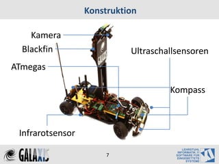 Konstruktion

    Kamera
  Blackfin                  Ultraschallsensoren
ATmegas

                                     Kompass



 Infrarotsensor

                       7
 