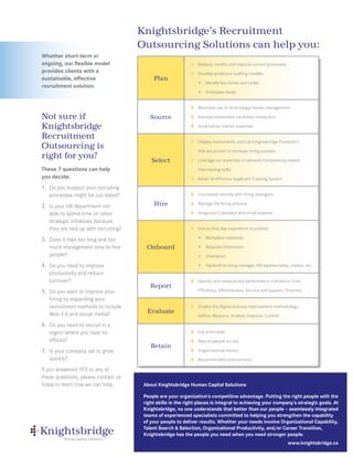 Knightsbridge’s Recruitment
                                       Outsourcing Solutions can help you:
Whether short-term or
ongoing, our ﬂexible model                                       Analyze, modify and improve current processes
provides clients with a
                                                                 Develop predictive staffing models:
sustainable, eﬀective                       Plan
                                                                  •   Identify key trends and cycles
recruitment solution.
                                                                  •   Anticipate needs


                                                                 Maximize use of technology/vendor management

Not sure if                                Source                Improve/streamline candidate interaction

Knightsbridge                                                    Grow labour market expertise

Recruitment
                                                                 Employ instruments, such as Knightsbridge Predictor ™,
Outsourcing is                                                    that are proven to increase hiring success
right for you?                             Select                Leverage our expertise in behavior/competency-based
These 7 questions can help                                        interviewing skills
you decide.
                                                                 Adopt an effective Applicant Tracking System
1. Do you suspect your recruiting
   processes might be out-dated?                                 Coordinate directly with hiring managers

2. Is your HR department not                Hire                 Manage the hiring process

   able to spend time on other                                   Integrated Calendars and email systems
   strategic initiatives because
   they are tied up with recruiting?                             Ensure first day experience is positive

3. Does it take too long and too                                  •   Workplace readiness

   much management time to hire          Onboard                  •   Required information
   people?                                                        •   Orientation

4. Do you need to improve                                         •   Hand-off to hiring manager, HR representative, mentor, etc.
   productivity and reduce
   turnover?                                                     Identify and measure key performance indicators: Cost,
                                           Report
5. Do you want to improve your                                    Efficiency, Effectiveness, Service and support, Diversity
   hiring by expanding your
   recruitment methods to include                                Employ Six-Sigma process improvement methodology:
   Web 2.0 and social media?             Evaluate
                                                                  Define, Measure, Analyze, Improve, Control

6. Do you need to recruit in a
   region where you have no                                      Exit Interviews
   offices?                                                      New employee survey
                                           Retain
7. Is your company set to grow                                   Organizational drivers
   quickly?                                                      Recommended interventions

If you answered YES to any of
these questions, please contact us
today to learn how we can help.         About Knightsbridge Human Capital Solutions

                                        People are your organization’s competitive advantage. Putting the right people with the
                                        right skills in the right places is integral to achieving your company’s strategic goals. At
                                        Knightsbridge, no one understands that better than our people – seamlessly integrated
                                        teams of experienced specialists committed to helping you strengthen the capability
                                        of your people to deliver results. Whether your needs involve Organizational Capability,
                                        Talent Search & Selection, Organizational Productivity, and/or Career Transition,
                                        Knightsbridge has the people you need when you need stronger people.
                                                                                                                   www.knightsbridge.ca
 