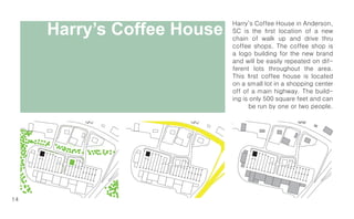 Harry’s Coffee House
                            Harry’s Coffee House in Anderson,
                            SC is the first location of a new
                            chain of walk up and drive thru
                            coffee shops. The coffee shop is
                            a logo building for the new brand
                            and will be easily repeated on dif-
                            ferent lots throughout the area.
                            This first coffee house is located
                            on a small lot in a shopping center
                            off of a main highway. The build-
                            ing is only 500 square feet and can
                                  be run by one or two people.




14
 