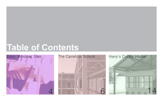 Table of Contents
    Door, Window, Stair       The Carrefour School       Harry’s Coffee House




2
                          4                          6                          14
 