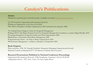 Articles   Published in national, peer-reviewed journals. Available on website  www.carolynjcurran.com The OD Practitioner,  Organization Development Network  Taking an Organization to the Next Level 2009 The Myth of Equality in Flatline Organizations 2002 (translated into Spanish, 2008)   The Nonprofit Journal , Support Center for Nonprofit Management Taking OD To The Bank: Practical Tools For Nonprofit Managers & Consultants, co-author Miguel Bonilla, 2010 Coaching Strengthens Nonprofit Leaders and Their Organizations 2008 Build Better Communities With Better Management 2006 Organizational Culture – the Path to Better Organizations 2005 Performance Management – a Help or a Burden to Nonprofits? 2002 Book Chapters Wiley and Sons, 1998,  The Nonprofit Handbook: Management  (Managing Organizational Growth) Museum Council on Education,1977,  The Museum as Educator  (Seven Loaves)  Research Presentations Published in National Conference Proceedings Organization Development Network, 1998, S trengthening  Community Values In The World Independent Sector,  1997, S even  Loaves: The Sweat Equity Miracle Carolyn’s Publications 