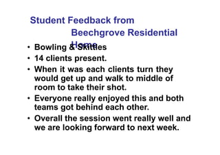 Student Feedback from
Beechgrove Residential
Home• Bowling & Skittles
• 14 clients present.
• When it was each clients turn they
would get up and walk to middle of
room to take their shot.
• Everyone really enjoyed this and both
teams got behind each other.
• Overall the session went really well and
we are looking forward to next week.
 