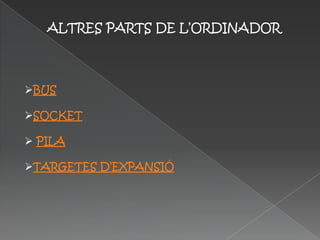 ALTRES PARTS DE L’ORDINADOR



BUS

SOCKET

 PILA

TARGETES D’EXPANSIÓ
 