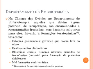 DEPARTAMENTO DE EMBRIOTERAPIA


Na Câmara dos Ovóides no Departamento de
Embrioterapia, aqueles que detém algum
potencial de recuperação, são encaminhados a
reencarnações frustadas, mas bastante salutares
para eles. Levarão a formações teratogênicas(*),
tais como:






Ectopias gestacionais: gravidez que ocorre fora do
útero
Deslocamentos placentários
Blastomas coriais: tumores uterinos oriundos de
troboflastos (material para formação da placenta)
defeituosos
Mal formações embrionárias
(*)

Formação de formas defeituosas durante a gravidez

15

 