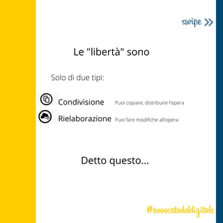 Le "libertà" sono
Solo di due tipi:
Condivisione
Rielaborazione
Puoi copiare, distribuire l'opera
Puoi fare modifiche all'opera
Detto questo...
 