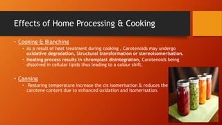 Effects of Home Processing & Cooking
• Cooking & Blanching
• As a result of heat treatment during cooking , Carotenoids may undergo
oxidative degradation, Structural transformation or stereoisomerisation.
• Heating process results in chromplast disintegration, Carotenoids being
dissolved in cellular lipids thus leading to a colour shift.
• Canning
• Restoring temperature increase the cis isomerisation & reduces the
carotene content due to enhanced oxidation and isomerisation.
 