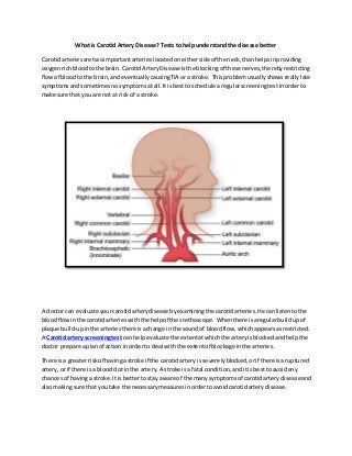 What is Carotid Artery Disease? Tests to help understand the disease better
Carotidarteriesare twoimportantarterieslocatedoneitherside of the neck,thanhelpsinproviding
oxygenrichbloodtothe brain. CarotidArteryDisease isthe blockingof these nerves,therebyrestricting
flowof bloodtothe brain,andeventuallycausingTIA ora stroke. Thisproblemusuallyshowsreallylate
symptoms andsometimesnosymptomsatall.Itisbestto schedule aregularscreeningtestinorderto
make sure that you are not at riskof a stroke.
A doctor can evaluate yourcarotidarterydisease byexaminingthe carotidarteries.He canlistentothe
bloodflowinthe carotidarterieswiththe helpof the stethoscope. Whenthere isaregularbuildupof
plaque build-upinthe arteriesthere isachange inthe soundof bloodflow,whichappearsasrestricted.
A Carotid artery screeningtest can helpevaluate the extentatwhichthe arteryisblockedandhelpthe
doctor prepare a planof action inorderto deal withthe extentof blockage inthe arteries.
There isa greaterriskof havinga stroke if the carotidarteryis severelyblocked,orif there isa ruptured
artery,or if there is a bloodclotinthe artery.A stroke isa fatal condition,anditis besttoavoidany
chancesof havinga stroke. Itis bettertostay aware of the manysymptomsof carotidartery disease and
alsomakingsure that youtake the necessarymeasuresinordertoavoidcarotidarterydisease.
 