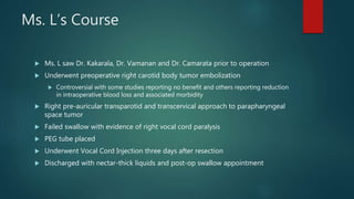Ms. L’s Course
 Ms. L saw Dr. Kakarala, Dr. Vamanan and Dr. Camarata prior to operation
 Underwent preoperative right carotid body tumor embolization
 Controversial with some studies reporting no benefit and others reporting reduction
in intraoperative blood loss and associated morbidity
 Right pre-auricular transparotid and transcervical approach to parapharyngeal
space tumor
 Failed swallow with evidence of right vocal cord paralysis
 PEG tube placed
 Underwent Vocal Cord Injection three days after resection
 Discharged with nectar-thick liquids and post-op swallow appointment
 