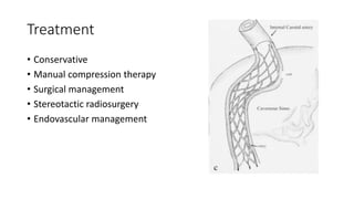 Treatment
• Conservative
• Manual compression therapy
• Surgical management
• Stereotactic radiosurgery
• Endovascular management
 