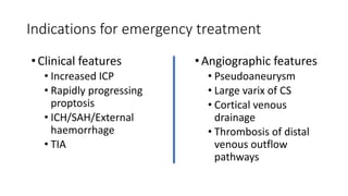 Indications for emergency treatment
•Clinical features
• Increased ICP
• Rapidly progressing
proptosis
• ICH/SAH/External
haemorrhage
• TIA
•Angiographic features
• Pseudoaneurysm
• Large varix of CS
• Cortical venous
drainage
• Thrombosis of distal
venous outflow
pathways
 