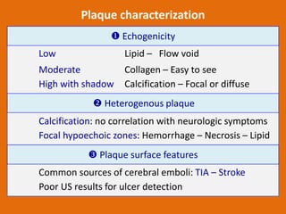Plaque characterization
 Echogenicity
Low

Lipid – Flow void

Moderate
High with shadow

Collagen – Easy to see
Calcifica...