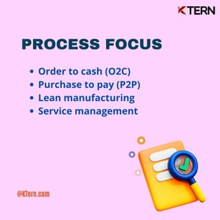 PROCESS FOCUS
Order to cash (O2C)
Purchase to pay (P2P)
Lean manufacturing
Service management
@KTern.com
 