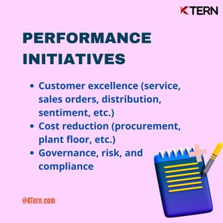PERFORMANCE
INITIATIVES
Customer excellence (service,
sales orders, distribution,
sentiment, etc.)
Cost reduction (procurement,
plant floor, etc.)
Governance, risk, and
compliance
@KTern.com
 