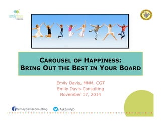 CAROUSEL OF HAPPINESS: 
BRING OUT THE BEST IN YOUR BOARD 
Emily Davis, MNM, CGT 
Emily Davis Consulting 
November 17, 2014 
/emilydavisconsulting /AskEmilyD 
 
