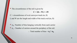 • The circumference of the rail is given by
C = 2(L - W) + W
C = circumference of oval conveyor track (m, ft)
L and W are the length and width of the track oval (m, ft)
• 𝑛𝑏- Number of bins hanging vertically from each carrier
• 𝑛𝑐 - Number of carriers around the periphery of the rail.
 Total number of bins = 𝒏𝒄* 𝒏𝒃
15
 