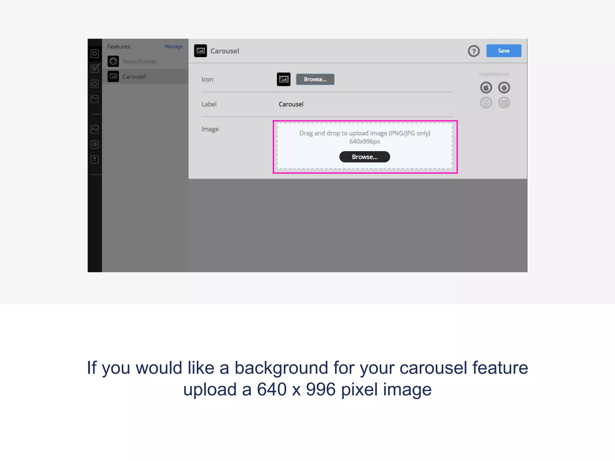 If you would like a background for your carousel feature
upload a 640 x 996 pixel image
 