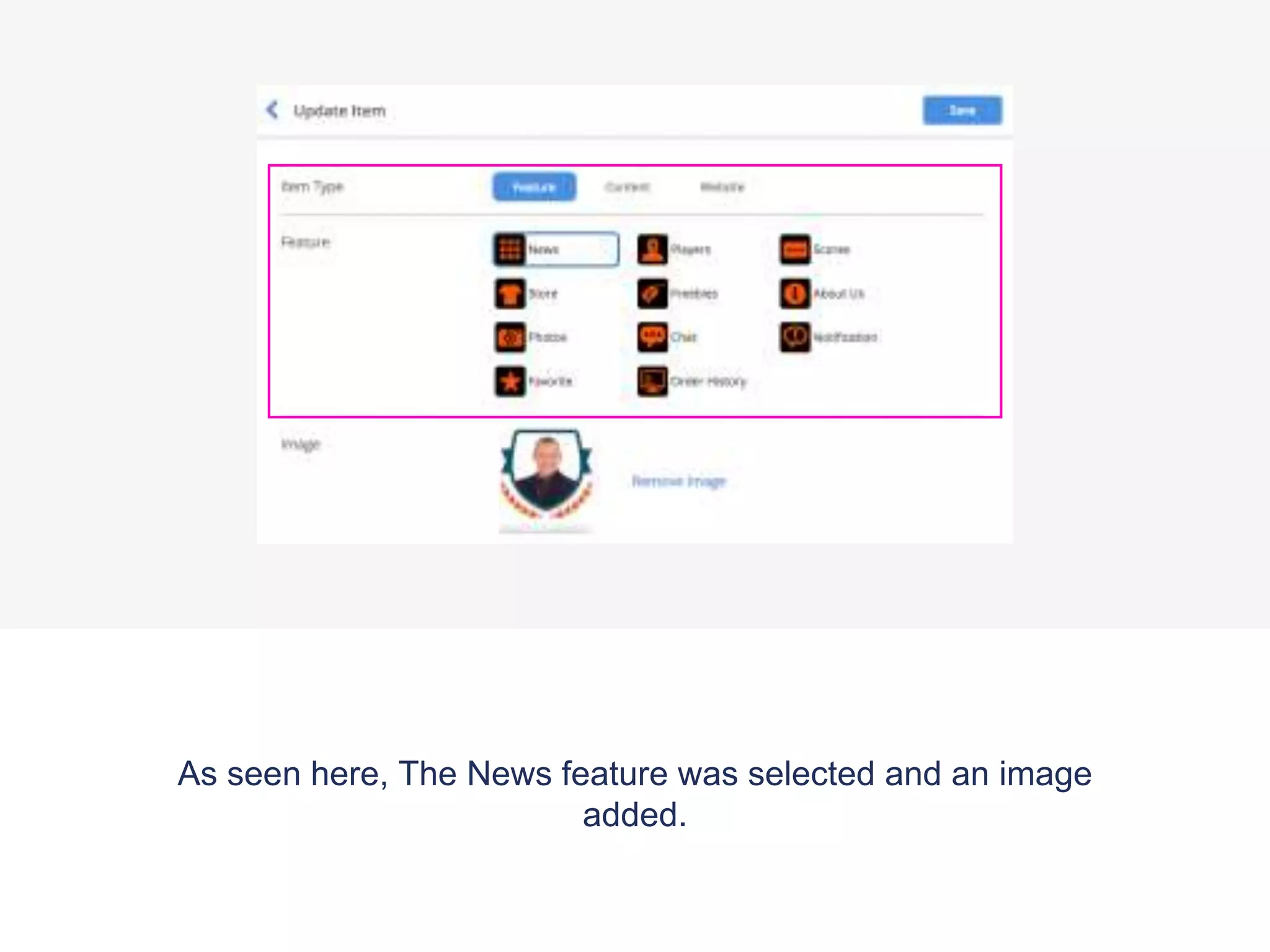 As seen here, The News feature was selected and an image
added.
 