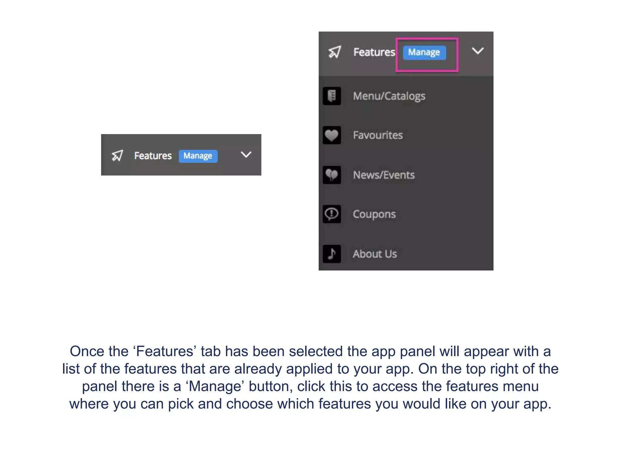 Once the ‘Features’ tab has been selected the app panel will appear with a
list of the features that are already applied to your app. On the top right of the
panel there is a ‘Manage’ button, click this to access the features menu
where you can pick and choose which features you would like on your app.
 