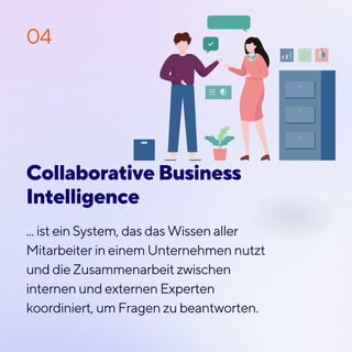 ... ist ein System, das das Wissen aller
Mitarbeiter in einem Unternehmen nutzt
und die Zusammenarbeit zwischen
internen und externen Experten
koordiniert, um Fragen zu beantworten.
04
Collaborative Business
Intelligence
 
