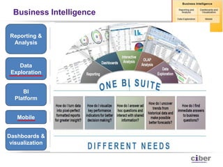 Business Intelligence
                 Formatted reports that help your end users make immediate
                 operational and strategic decisions. Self-service business
 Reporting &     intelligence tools can enable your business analysts to analyze data across
  Analysis       diverse data sources, determine trends, predict potential outcomes and
                 delivere meaningful, actionable insight and real value.

                 Search and exploration tools that enable simplicity of exploration and speed of
    Data         search. Get quick and easy answers to on-the-fly questions by entering a few
 Exploration     keywords to search for relevant information and then intuitively exploring large
                 volumes of data. This is BO Explorer
                 Empowers organizations to provide relevant information to anyone. This
                 flexible, scalable platform includes Auditing, BI launch pad, BI widgets,
     BI          BI workspace, Information design tool, Life-cycle management, Platform
  Platform       administration, Portal integration, Publishing,Software development kits


                 Empower everyone in a organization to know the moment, take action and
       Mobile    deliver results from anywhere to a mobile device.

                 A drag-and-drop visualization tool designed to create interactive analytics for
Dashboards &     powerful, personalized dashboards with live connections to SAP
 visualization   BusinessObjects BI platform, SAP NetWeaver Business Warehouse (SAP
                 NetWeaver BW) and other data sources.

  23
 