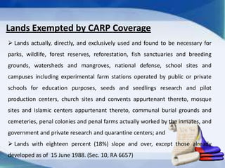  bringing stability in the political set up of the country.Objective of Agrarian Reform - Social bringing about equality in terms of opportunities, income as well as wealth.Objectives of Agrarian Reform - Economic Enhancing agricultural production