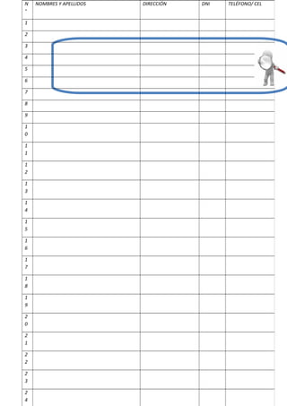 N
°
NOMBRES Y APELLIDOS DIRECCIÓN DNI TELÉFONO/ CEL
1
2
3
4
5
6
7
8
9
1
0
1
1
1
2
1
3
1
4
1
5
1
6
1
7
1
8
1
9
2
0
2
1
2
2
2
3
2
4
 