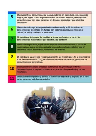 5
El estudiante se comunica en su lengua materna, en castellano como segunda
lengua y en inglés como lengua extranjera de manera asertiva y responsable
para interactuar con otras personas en diversos contextos y con distintos
propósitos.
6
El estudiante indaga y comprende el mundo natural y artificial utilizando
conocimientos científicos en diálogo con saberes locales para mejorar la
calidad de vida y cuidando la naturaleza.
7
El estudiante interpreta la realidad y toma decisiones a partir de
conocimientos matemáticos que aporten a su contexto.
8
El estudiante gestiona proyectos de emprendimiento económico o social de
manera ética, que le permiten articularse con el mundo del trabajo y con el
desarrollo social, económico y ambiental del entorno.
9 El estudiante aprovecha responsablemente las tecnologías de la información
y de la comunicación (TIC) para interactuar con la información, gestionar su
comunicación y aprendizaje.
10
El estudiante desarrolla procesos autónomos de aprendizaje en forma
permanente para la mejora continua de su proceso de aprendizaje y de sus
resultados.
11
El estudiante comprende y aprecia la dimensión espiritual y religiosa en la vida
de las personas y de las sociedades.
 