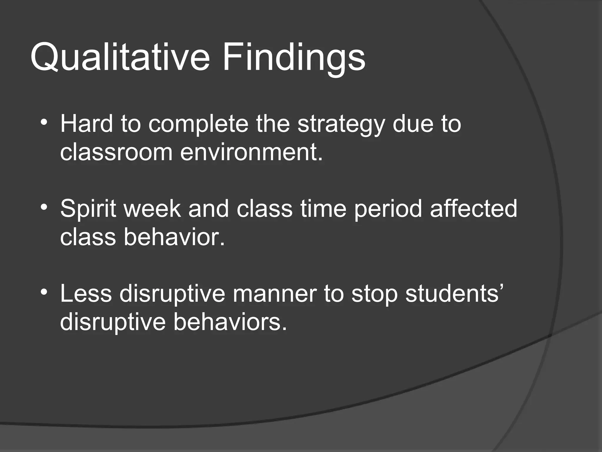 Qualitative Findings
• Hard to complete the strategy due to
  classroom environment.

• Spirit week and class time period affected
  class behavior.

• Less disruptive manner to stop students’
  disruptive behaviors.
 