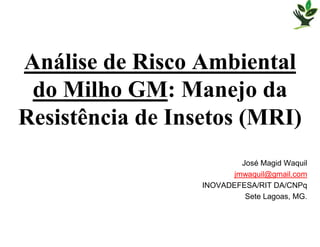 Análise de Risco Ambiental
 do Milho GM: Manejo da
Resistência de Insetos (MRI)
                           José Magid Waquil
                         jmwaquil@gmail.com
                  INOVADEFESA/RIT DA/CNPq
                            Sete Lagoas, MG.
 